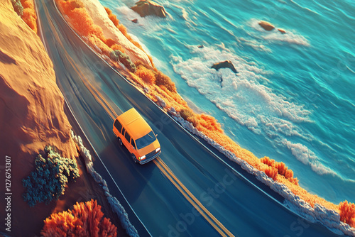 scenic road trip with van driving along coastal highway, surrounded by vibrant orange foliage and ocean waves crashing nearby. view captures beauty of nature and adventure
