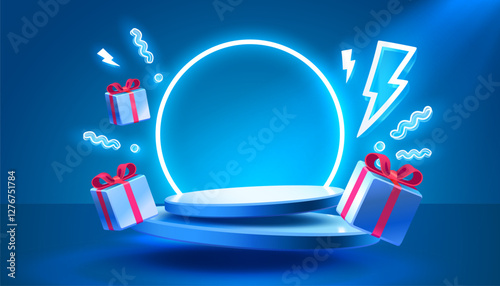 Gift scene mega sale, shopping podium banner, neon night pedestal. Vector illustration
