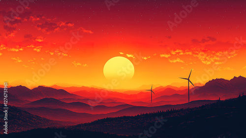 Renewable energy concept with wind turbine glowing in morning sun for a greener planet