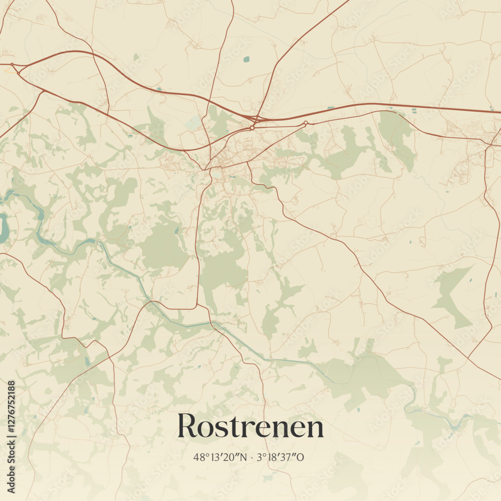 Fototapeta premium Vintage map of Rostrenen, France.