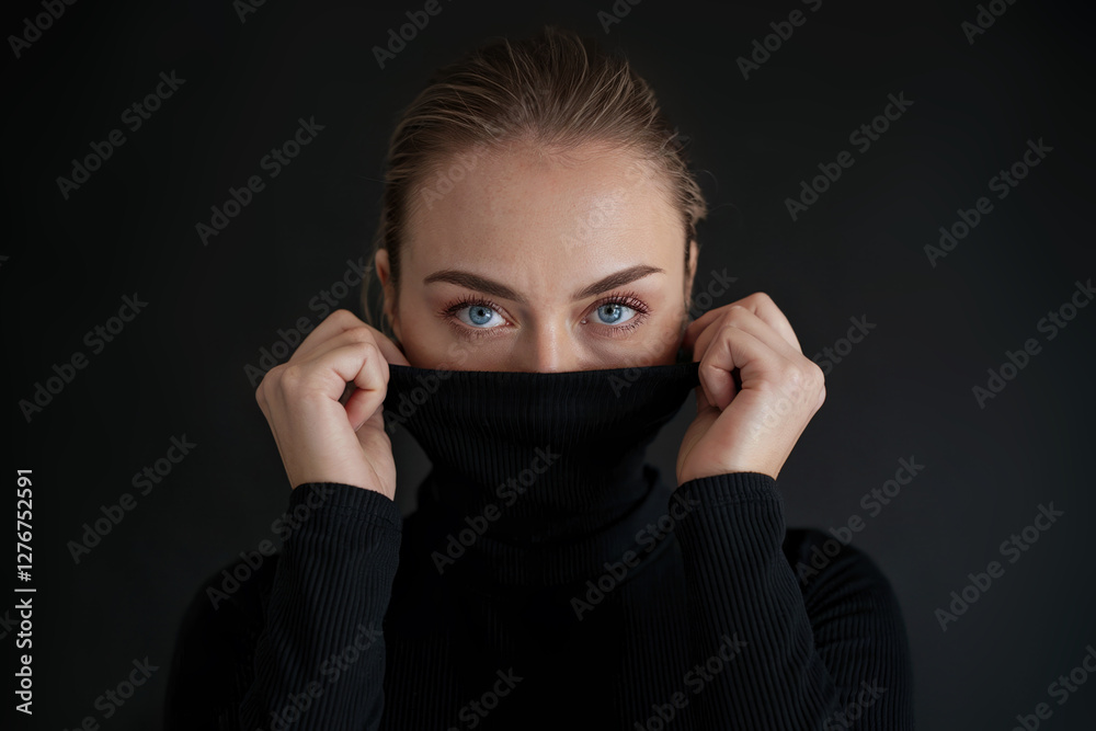 Beautiful and stylish woman with an intent look in a black turtleneck. Beautiful and stylish woman with an intent look in a black turtleneck.