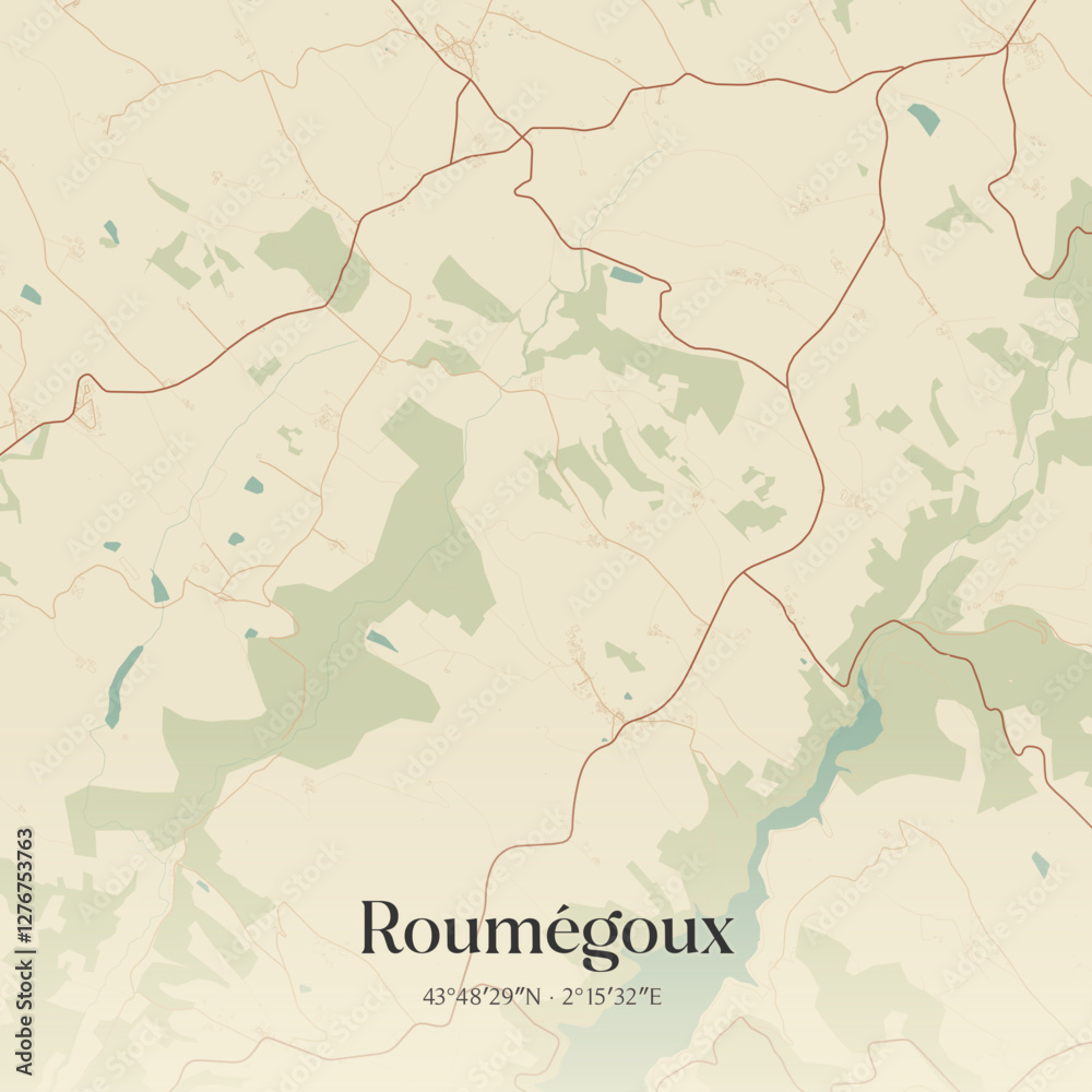 Fototapeta premium Vintage map of Roumégoux, France.