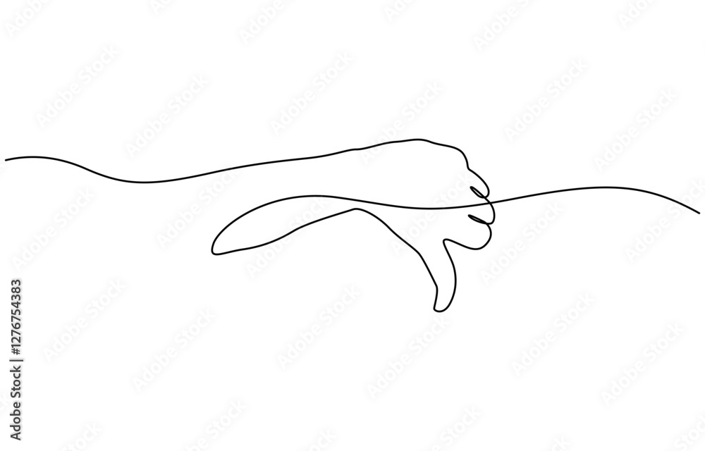Obraz premium Thumb down in one continuous line. Symbol of evil. Negative gesture showing dislike in a one-line style, Negative finger in editable stroke. Doodle contour vector illustration.