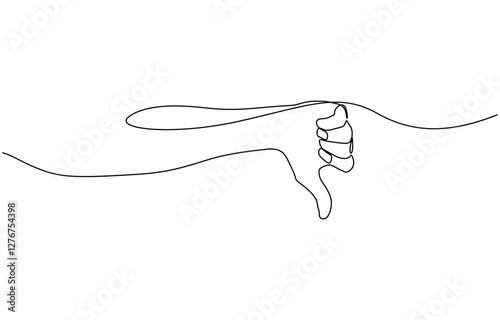 Thumb down in one continuous line. Symbol of evil. Negative gesture showing dislike in a one-line style, Negative finger in editable stroke. Doodle contour vector illustration.