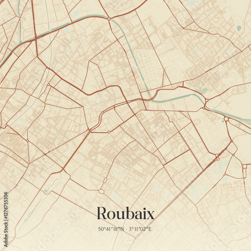 Vintage map of Roubaix, France.