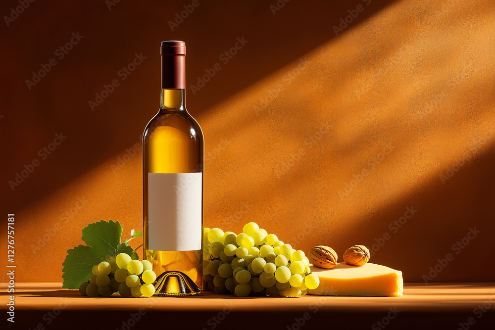 Fototapeta premium Still Life: A bottle of crisp, golden wine sits gracefully beside a cluster of fresh green grapes, a slice of cheese, and two walnuts. The scene, bathed in soft, warm light.