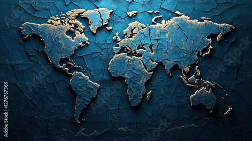 Cracked world map illustrating global political tensions and instability in dramatic lighting