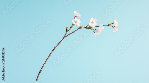 lone cherry blossom branch stretches against clear blue sky providing ample copy space above and around