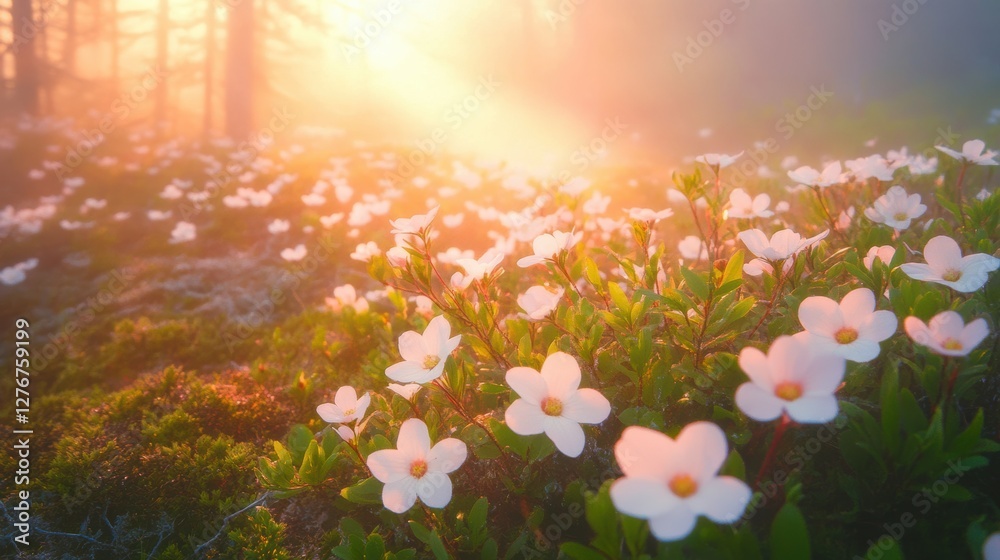 Fototapeta premium Beautiful colorful wild flowers in deep foggy forest with sun light in Spring.