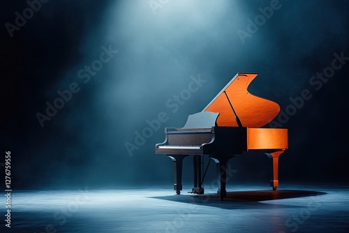 polished grand piano bathed in soft spotlight stands solitary on stage keys gleaming elegantly in dim ambiance