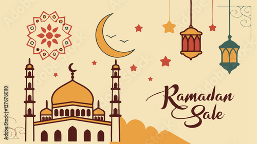 Stylish Ramadan Kareem sale banner with Islamic ornaments, glowing lanterns, and an empty space for a photo. Perfect for social media promotions.

