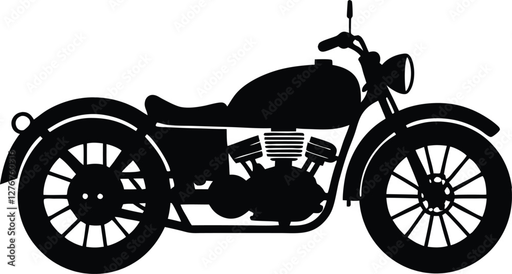 Fototapeta premium Vintage motorcycle silhouette vector illustration, classic bike design, retro motorbike, old-fashioned motorcycle, transport, vehicle, freedom, adventure, travel icon.
