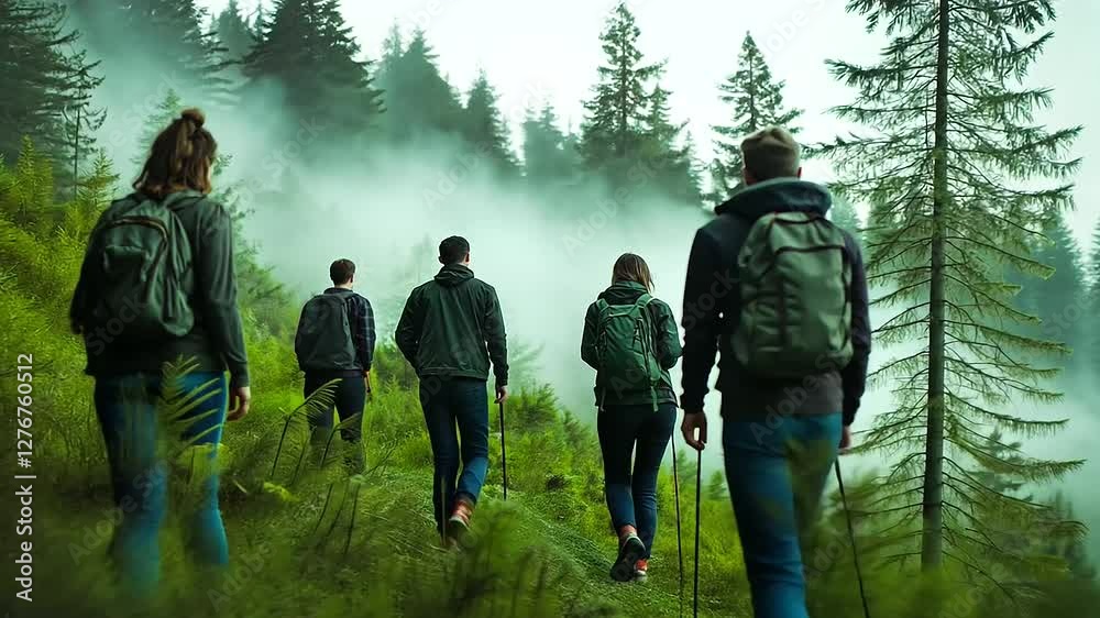 A dense, misty forest surrounds a group of friends as they walk together, their voices carrying through the trees as they discuss faith, the fog representing both mystery and the j