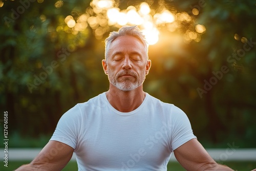 serene middle-aged man meditating cross-legged in park backlit by warm evening sun