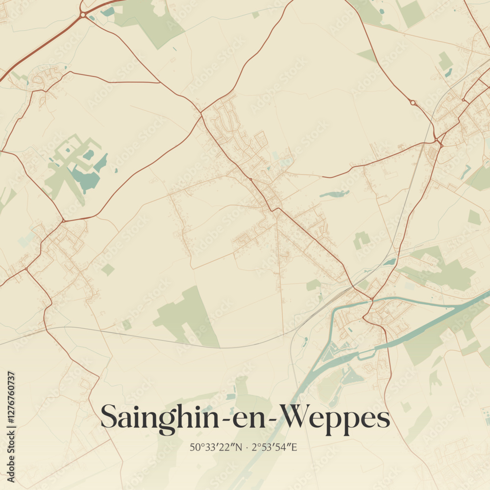 Fototapeta premium Vintage map of Sainghin-en-Weppes, France.