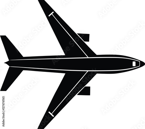 Airplane silhouette vector illustration, flying aircraft, travel transportation, aviation design, airplane icon, flight silhouette, air travel, aviation symbol, airliner art.


