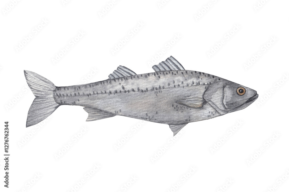 Obraz premium Seabass (Dicentrarchus labrax) – Hand-drawn watercolor fish artwork, transparent background.