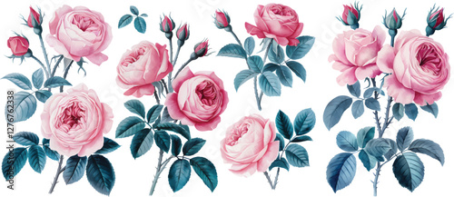 Bouquet of rose flowers watercolor. Roses on a branch hand-drawn watercolor botanical illustration.