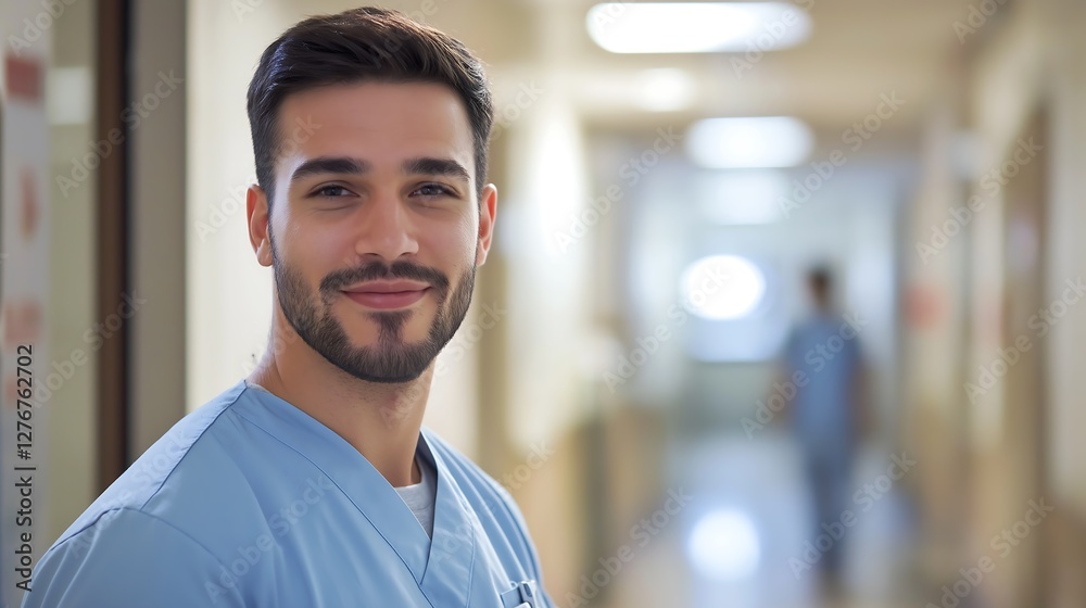 Fototapeta premium Healthcare professional smiles in hospital corridor during day shift