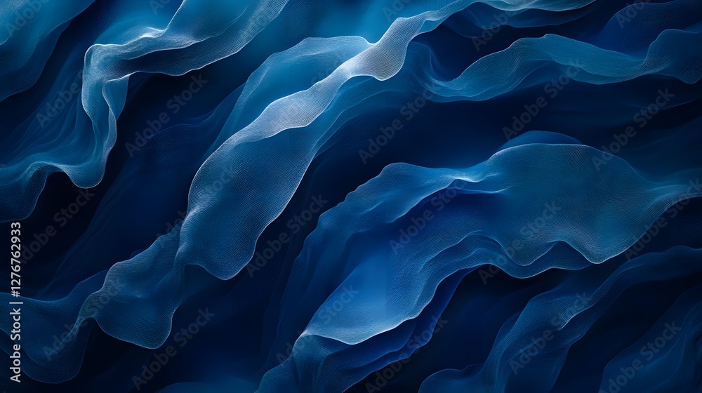 Obraz premium Abstract image of flowing, wavy blue lines on a dark background, resembling fabric or smoke. Digital art with smooth, dynamic texture.