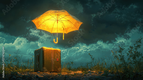 Travel insurance for lost luggage and broken baggage coverage, golden umbrella illuminates suitcase in surreal landscape, evoking sense of wonder and adventure
