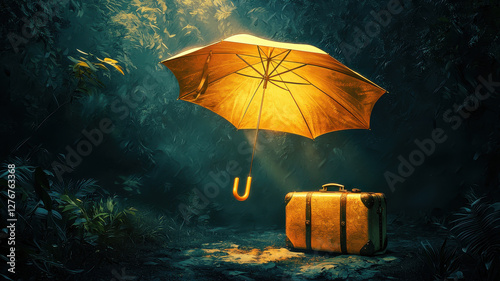Lost baggage suitcase coverage with travel insurance protection golden umbrella stands beside vintage suitcase in lush, dark forest, evoking sense of adventure and mystery