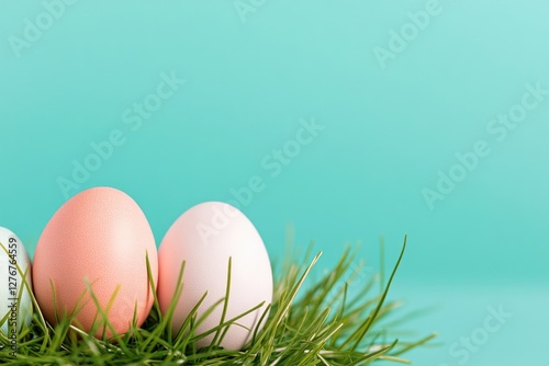 brightly colored easter eggs nestled in fresh green grass against vibrant blue sky