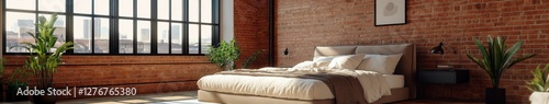 Modern bedroom design with brick wall and natural light in the city