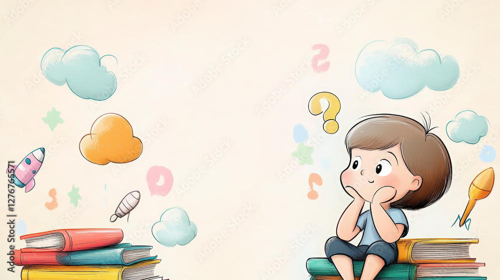 Child dreaming while sitting on books, surrounded by colorful clouds and symbols, igniting imagination and creative exploration in learning. Child dreaming while sitting on books, surrounded by colorful clouds and symbols, igniting imagination and creative exploration in learning.