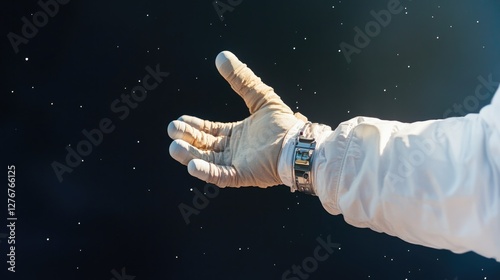 close-up of astronaut gloved hand reaching out in dark starry void showcasing wonders of human space travel