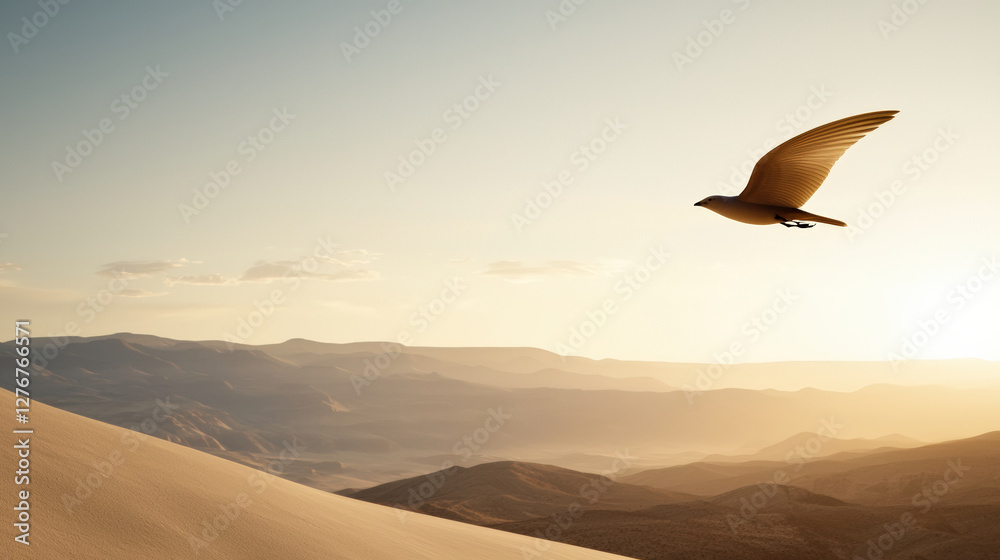 Naklejka premium bird soaring freely over vast canyon at golden hour, showcasing nature beauty and tranquility