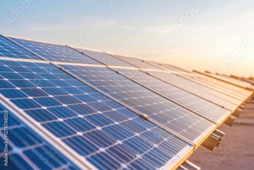 close-up of solar panels under sunlit sky three-quarters frame filled with shining cells and diagonal grid lines photo