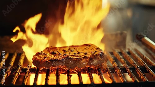 Juicy steak sizzling on grill with bright flames in slow motion