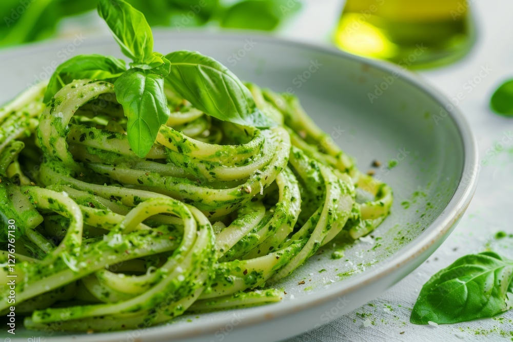 Fettuccine with basil pesto and fresh basil leaves. Neural network AI generated Fettuccine with basil pesto and fresh basil leaves. Neural network AI generated
