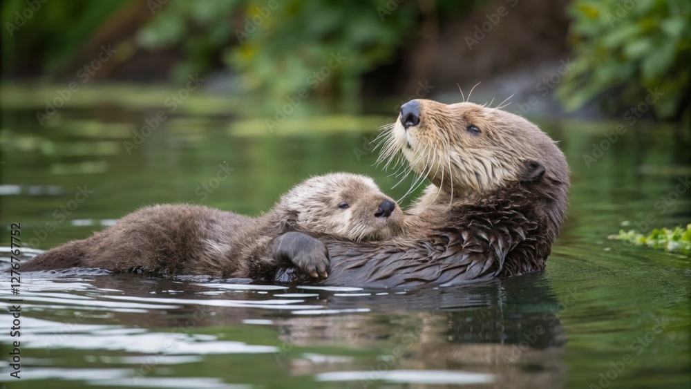 Otter and cub floating together in a serene river nature photography close-up perspective tranquil environment Otter and cub floating together in a serene river nature photography close-up perspective tranquil environment