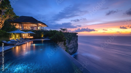 Luxury Cliffside Villa with Infinity Pool at Sunset.