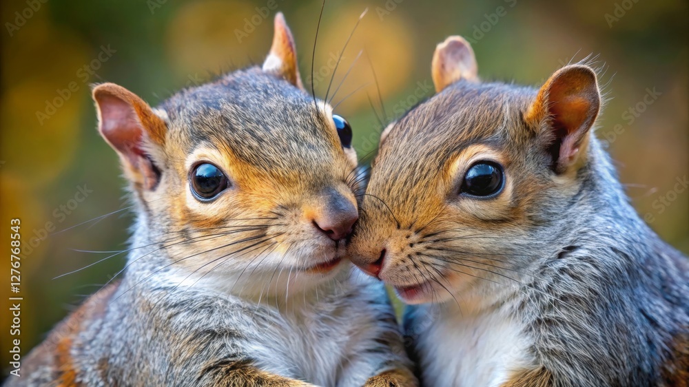 Fototapeta premium Intimate interaction of two squirrels urban park wildlife photography natural habitat close-up view nature's companionship