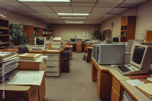1990s office interior with cubicles, CRT monitors, and cluttered desks
