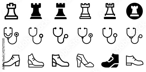 "Strategic Life Icons: Chess Piece Rook, Stethoscope, and Shoe Vector Set"