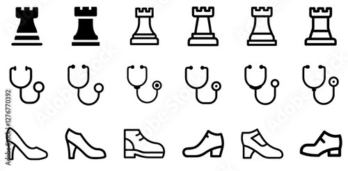 "Strategic Life Icons: Chess Piece Rook, Stethoscope, and Shoe Vector Set"