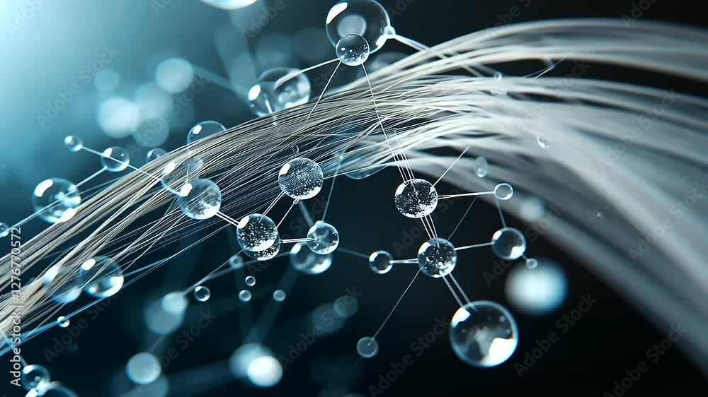 A close-up visualization of keratin proteins rebuilding the structure of a damaged hair strand, illustrated with smooth molecular fusion. Scientific yet artistic beauty concept.