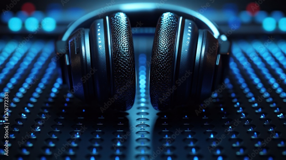 Obraz premium Professional headphones on a glowing sound grid in a dark studio