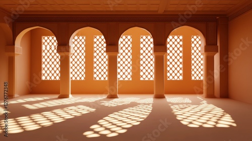 Elegant Interior with Arched Windows and Intricate Light Patterns