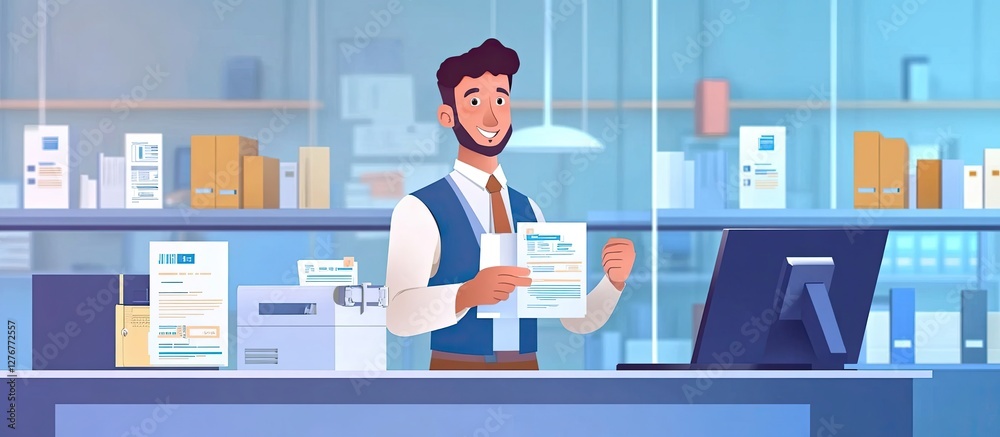 Obraz premium AI-Powered Document Management for Online File and Data Storage a Businessman interacting with document management systems at the office.