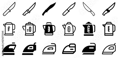 "Essential Kitchen and Outdoor Icons: Hunting Knife, Electric Kettle, and Iron Vector Set"