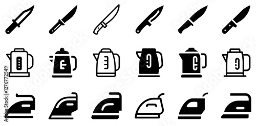 "Essential Kitchen and Outdoor Icons: Hunting Knife, Electric Kettle, and Iron Vector Set"