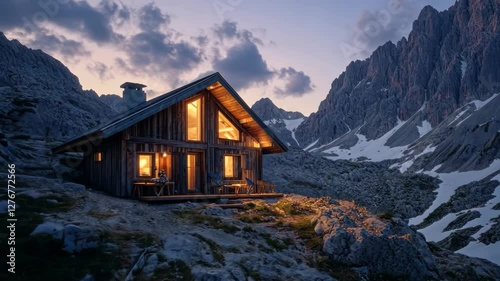 Cozy mountain cabin at twilight with glowing windows and majestic peaks in background