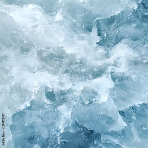 Close-up of textured ice formations with shades of blue and white, creating an abstract and icy landscape.
