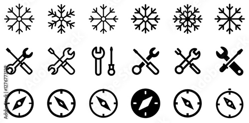 "Snowflake, Wrench and Screwdriver, and Compass Vector Icon Set – Precision, Tools, and Navigation"