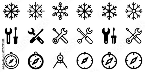 "Snowflake, Wrench and Screwdriver, and Compass Vector Icon Set – Precision, Tools, and Navigation"